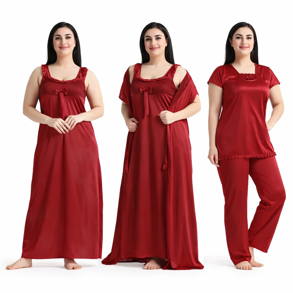 🌸 নাইটওয়্যার 4 পিস সেট Maroon